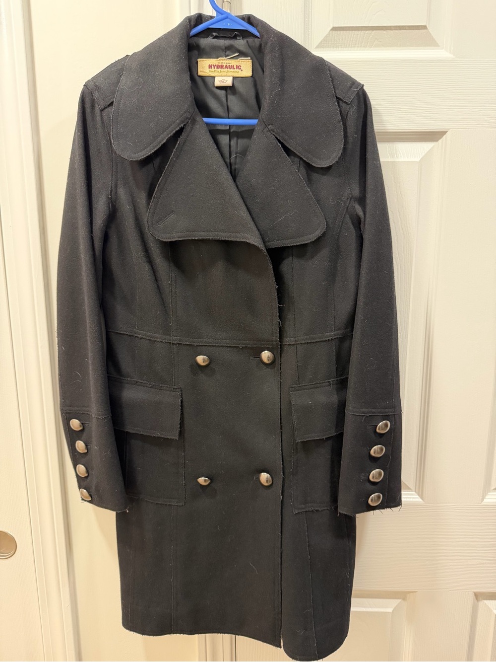 Hydraulic Black Double-Breasted Pea Coat with Decorative Buttons (Wool Blend)